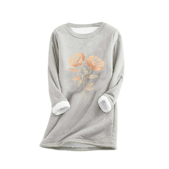 YUGYXL Long Sleeve Fleece Sweatshirt for Women Sherpa Lined Warm Pullover Flower Print Loose Fall Winter Clothes Gray L