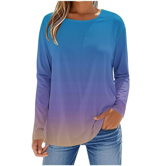 YUGYXL Long Sleeve Gradient Tunic Tops for Women Trendy Loose Crew Neck Blouse Fall Winter Casual Basic Tee Shirts Blue XXL