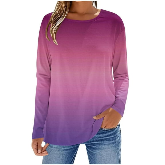 YUGYXL Long Sleeve Gradient Tunic Tops for Women Trendy Loose Crew Neck Blouse Fall Winter Casual Basic Tee Shirts Purple L