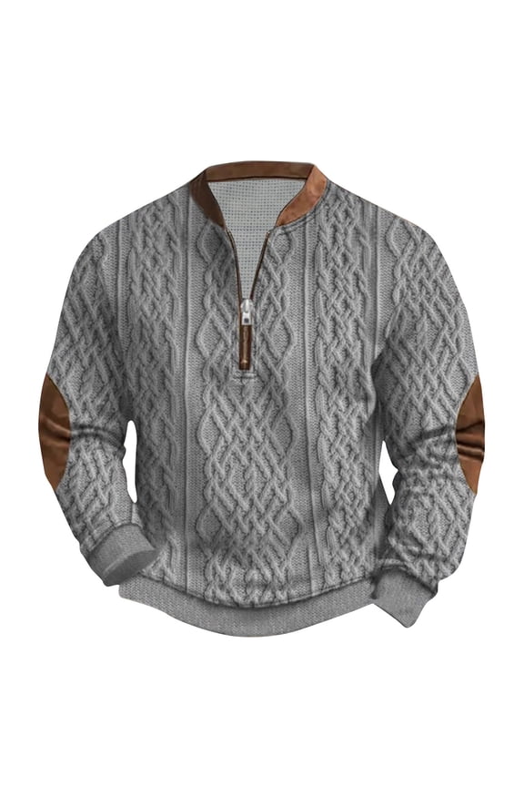 Long Sleeve Pullover for Men Stand Collar Graphic Print Standing Collor Button Up Shirt with Elbow Patches Gray S