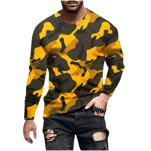 YUGYXL Long Sleeve Shirts for Men Print Casual Stylish Workout Crewneck Cotton Sweatshirts Loose Fit Pullover Tees Yellow L