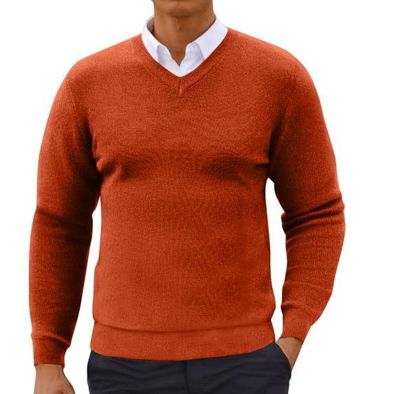 YUGYXL Long Sleeve Shirts for Men with Designs Loose Fit V Neck Knitted Cotton Sweaters Causal Fashion Pullover Top Fall Orange S