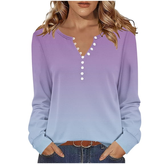 YUGYXL Long Sleeve Shirts for Women Button V Neck Dressy Casual Business Blouses Fashion Gradient Color Loose Fall Top Purple L
