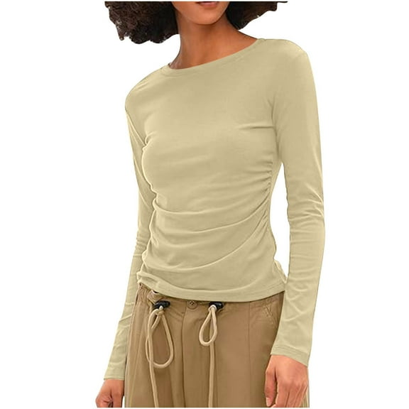 YUGYXL Long Sleeve Shirts for Women Crewneck Ruched Basic Crop Tee Top Layer Slim Fit Casual Fall Fashion Y2k Going out Tops Khaki XL