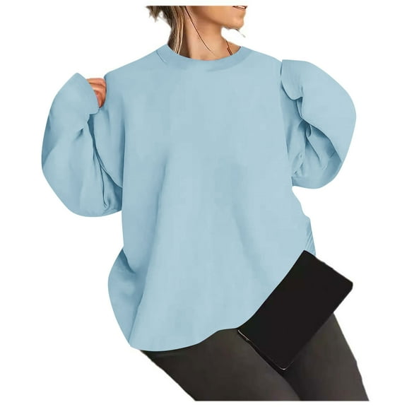 YUGYXL Long Sleeve Sweatshirts for Women Classic Drop Shoulders Comfy Hoodless Pullover Daily Loose Blouses Top Blue M