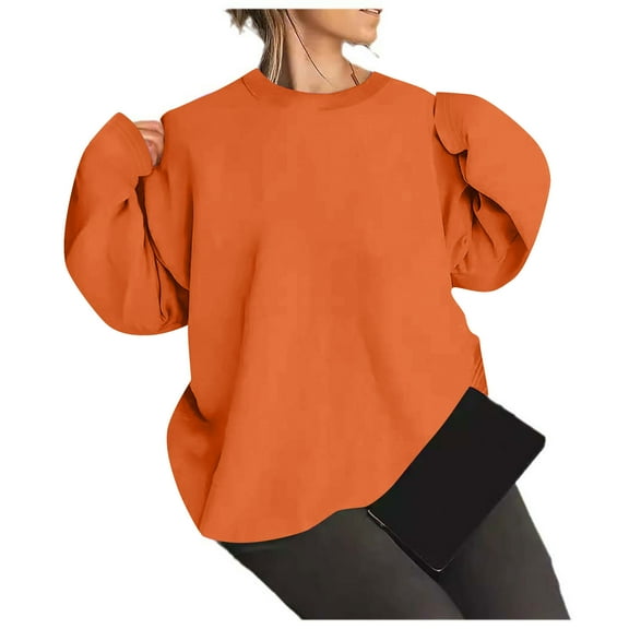 YUGYXL Long Sleeve Sweatshirts for Women Classic Drop Shoulders Comfy Hoodless Pullover Daily Loose Blouses Top Orange S