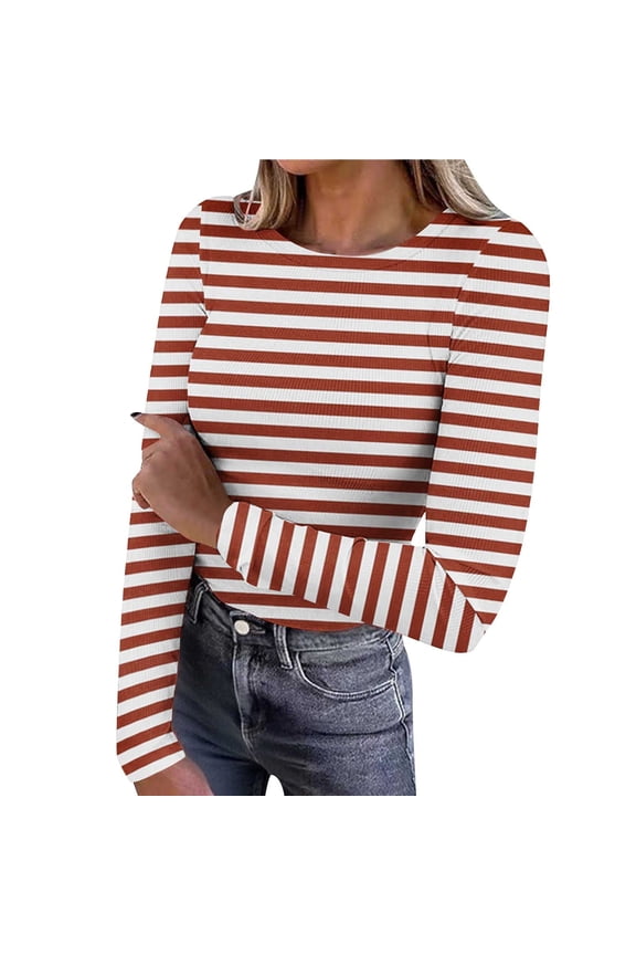 Long Sleeve Women Stretch Ribbed Knit Basic T-Shirts Slim Fit Patterned Tight Tops Fashion Clothes Coffee Sweatshirts XXL