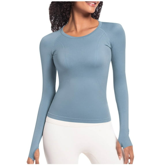 YUGYXL Long Sleeve Workout Tops for Women Slim Fit Crew Neck T-Shirt Basic Casual Solid Quick Dry Sports Yoga Gym Shirts Blue XL