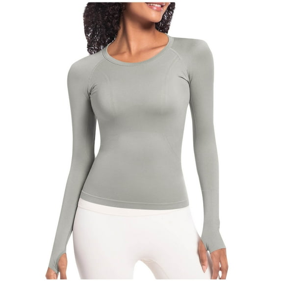 YUGYXL Long Sleeve Workout Tops for Women Slim Fit Crew Neck T-Shirt Basic Casual Solid Quick Dry Sports Yoga Gym Shirts Gray L