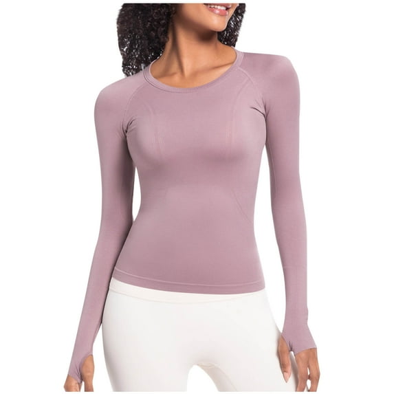 YUGYXL Long Sleeve Workout Tops for Women Slim Fit Crew Neck T-Shirt Basic Casual Solid Quick Dry Sports Yoga Gym Shirts Pink M