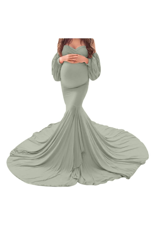 Long Tulle Maternity Dress for Photoshoot Off Shoulder Puff Long Sleeve Evening Dress Floor Length Trailing Dress Ruched Sexy Bodycon Party Maxi Dresses Today Green,M