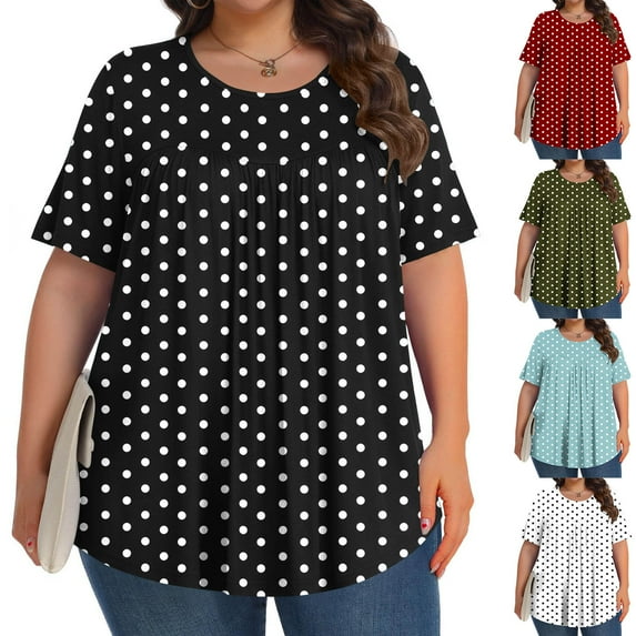 YUGYXL Loose Short Sleeve Shirts for Women Plus Size Tops Crew Neck Pleated Graphic Tees Lounge Tshirts Army Green L