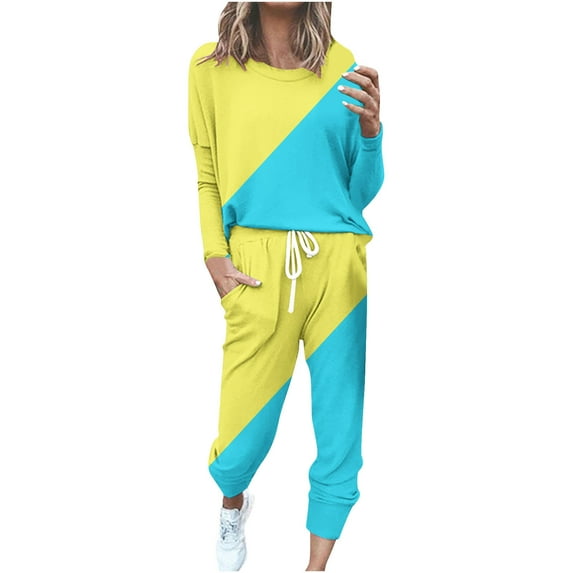 YUGYXL Lounge Sets for Women 2 Piece Outfits Sweatsuits Set Colorblock Tops Long Pant Loungewear Workout Athletic Tracksuits Light Blue M