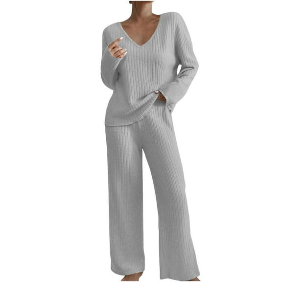 YUGYXL Lounge Sets for Women 2 Piece Postpartum Maternity Pajama Set Soft Ribbed Knit Long Sleeve Top Pants Matching Set Gray XL