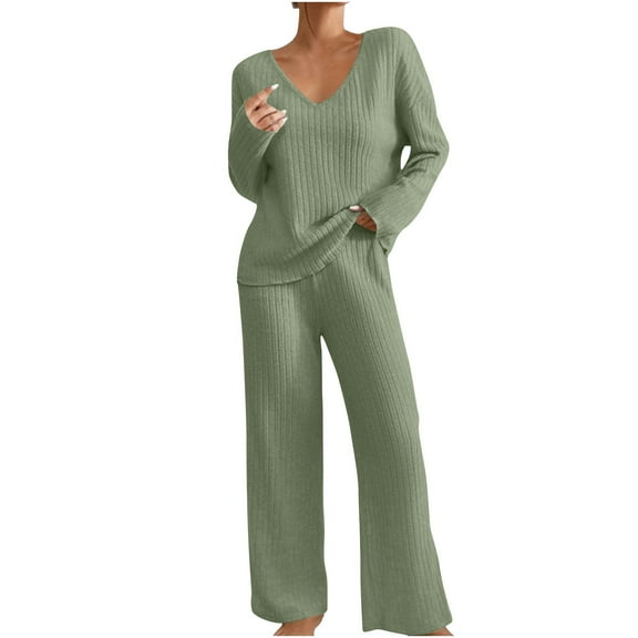 YUGYXL Lounge Sets for Women 2 Piece Postpartum Maternity Pajama Set Soft Ribbed Knit Long Sleeve Top Pants Matching Set Green L