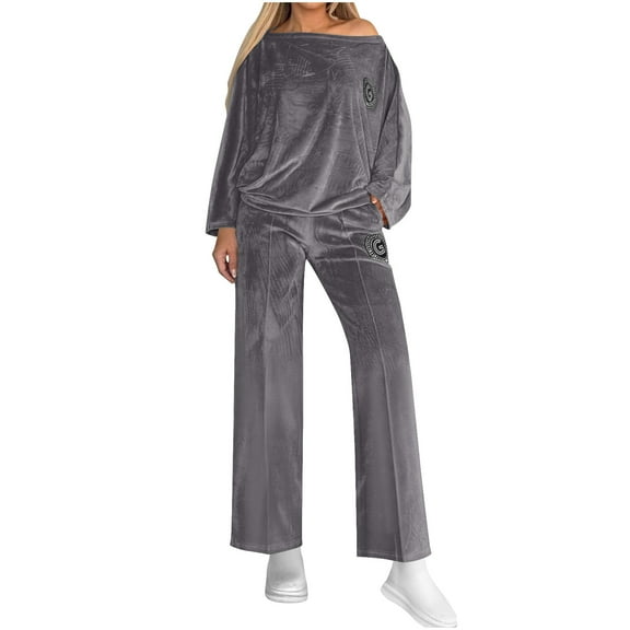 YUGYXL Lounge Sets for Women Fall Long Sleeve Off Shoulder Tops Wide Leg Pants Two Piece Sets Fashion Cozy Home Wear Set Dark Gray S