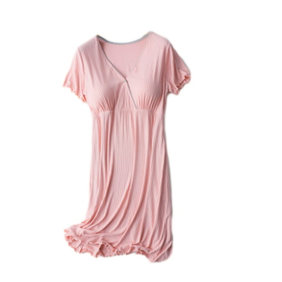 YUGYXL Maternity Summer Nightdress Lightweight Comfy Ruffle Short Sleeve Pregnancy Nightgown Dress V-Neck Knee Length Ruched Confinement Clothes Today's Pink,XXXL