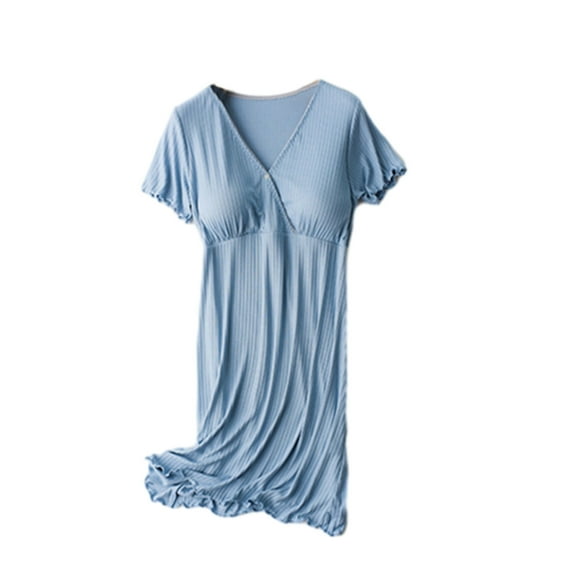 YUGYXL Maternity Summer Nightdress Lightweight Comfy Ruffle Short Sleeve Pregnancy Nightgown Dress V-Neck Knee Length Ruched Confinement Clothes Today's Light blue,L