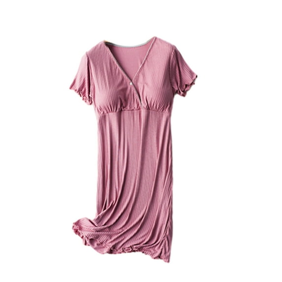 YUGYXL Maternity Summer Nightdress Lightweight Comfy Ruffle Short Sleeve Pregnancy Nightgown Dress V-Neck Knee Length Ruched Confinement ClothesSummer Red,M