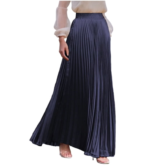 YUGYXL Maxi Skirts for Women Casual Elastic High Waist Long Pleated Skirt Boho Flowy A Line Solid Skirt Blue S