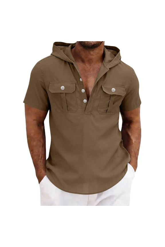 Men Cotton Linen Shirts Short Sleeve Button Up Shirt Summer Casual Tops Beach Lightweight Hoodies with Flap Pocket Brown XXL