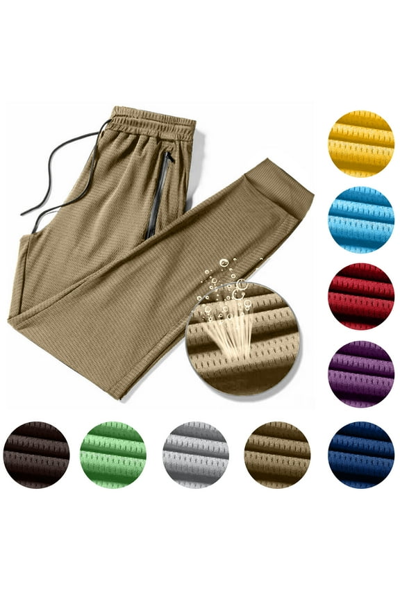 Men's Active Sweatpants Ice Silk Breathable Plus Size Sport Pants with Zipper Pockets Lightweight Joggers Pants Workout Pants Khaki XXXXL