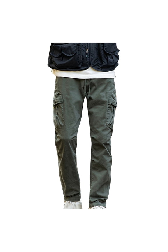 Men's Bia and Tall Straight Pants 2025 Fashion Cotton Cargo Pants Drawstring Baggy Sport Pants Hiking Pants Army Green M