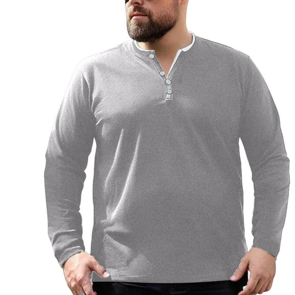 YUGYXL Men's Big and Tall Henley T-Shirt Stretch Cotton Muscle Shirt Plus Size Long Sleeve Casual Basic Tees Workout Tops Gray XL