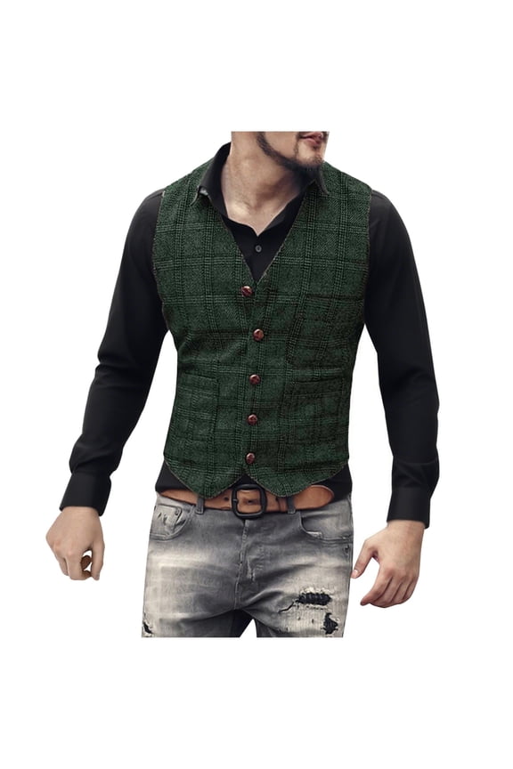 Men's Business Casual Suit Vest Waistcoat Plaid Vintage Blazer Vest Lightweight Button Down Lapel Waistcoat Green XL
