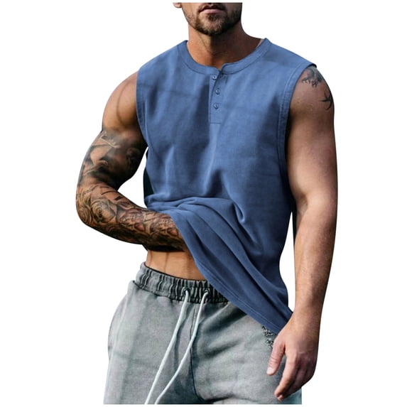 YUGYXL Men's Button Henley Shirt Muscle Tank Tops Sleeveless Henley Shirts Muscle Fit V Neck Button Down Tank Top for Men Blue L