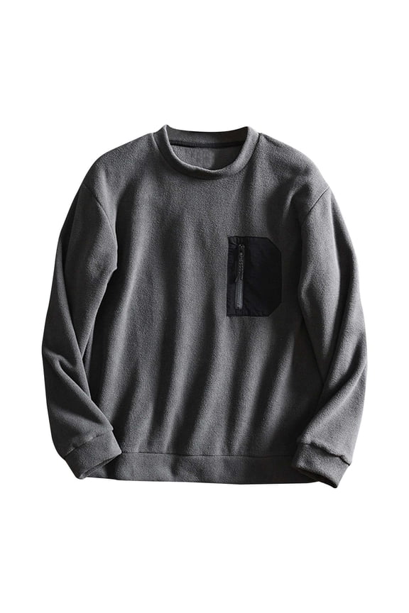 Men's Casual Crewneck Sweatshirts Colorblock Long Sleeve Pullover with Chest Pocket Dark Gray XXL