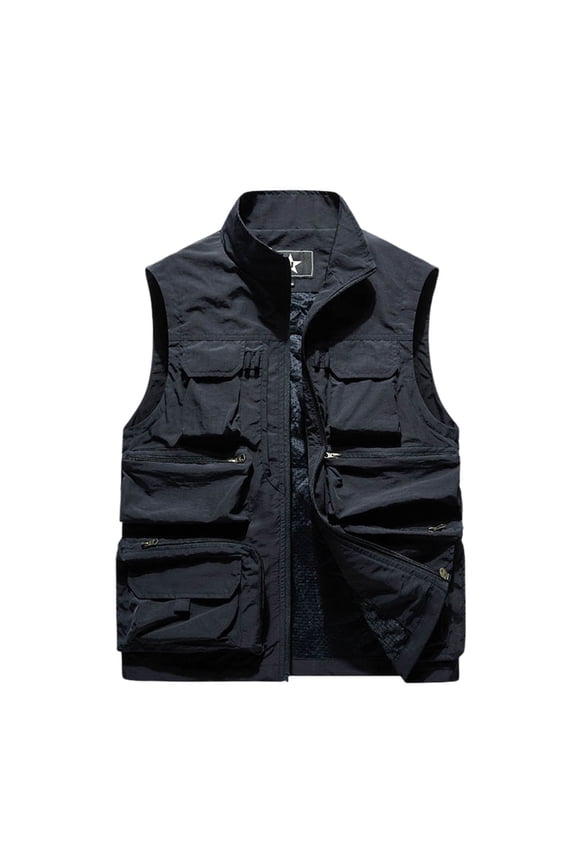 Men's Casual Lightweight Outdoor Fishing Work Travel Cargo Vest Jacket Sleeveless Stand Collar Coat Multi Pockets Black L