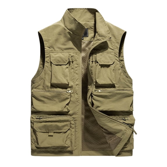 YUGYXL Men's Casual Lightweight Outdoor Fishing Work Travel Cargo Vest Jacket Sleeveless Stand Collar Coat Multi Pockets Khaki XXXL