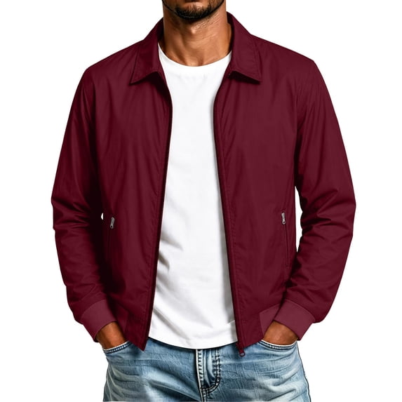 YUGYXL Men's Casual Zip Up Jacket Lapel Collar Lightweight Outerwear with Pockets Red Jacket