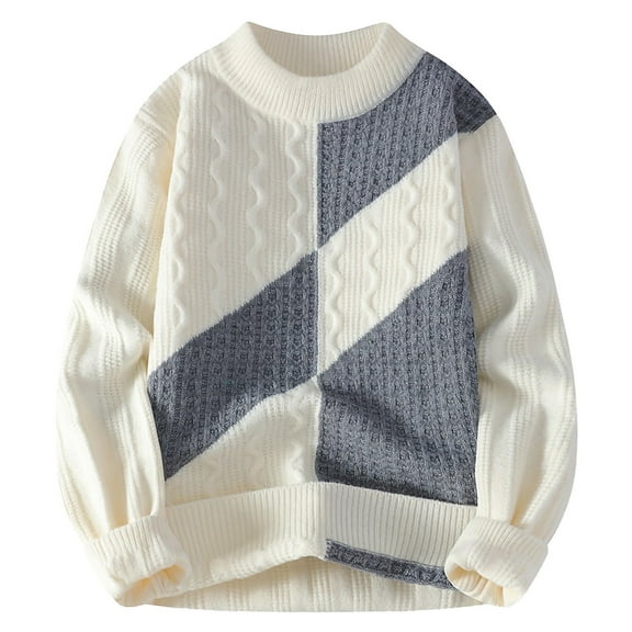 YUGYXL Men's Color Block Crewneck Sweaters Pullover Loose Long Sleeve Vintage Patchwork Knitted Casual Sweater Tops White XL
