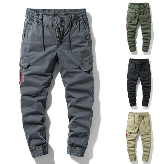 YUGYXL Men's Cotton Joggers Pants Drawstring Durable Cargo Pants Stretch Waist Button Zipper Hiking Pants Black XL