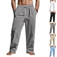 thumbnail image 1 of YUGYXL Men's Cotton Linen Drawstring Pants Casual Stretch Waist Wide Leg Pants with Pockets Outdoor Straight Pants Light Blue S, 1 of 9