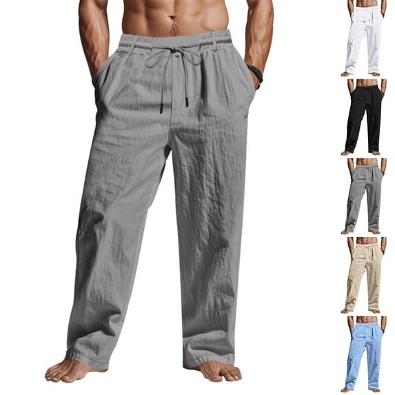YUGYXL Men's Cotton Linen Drawstring Pants Casual Stretch Waist Wide Leg Pants with Pockets Outdoor Straight Pants White XL