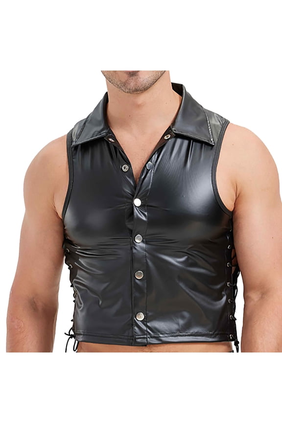 Men's Faux Leather Vest Tank Top Shirt Sleeveless Shirt Wet Look Undershirt Round Neck Shirt Nightwear Black XL