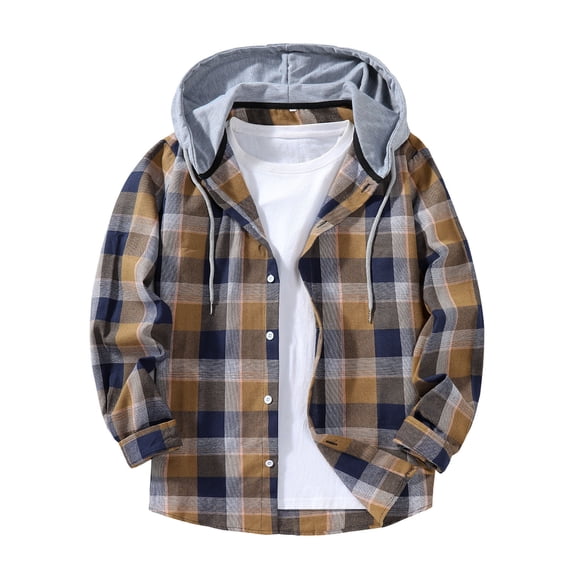 YUGYXL Men's Flannel Hoodie Shirts Casual Button Down Plaid Shirt Jackets for Men Long Sleeve Stylish Hooded with Pocket Coffee Jacket