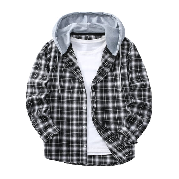 YUGYXL Men's Flannel Hoodie Shirts Casual Button Down Plaid Shirt Jackets for Men Long Sleeve Stylish Hooded with Pocket Dark Gray Jacket