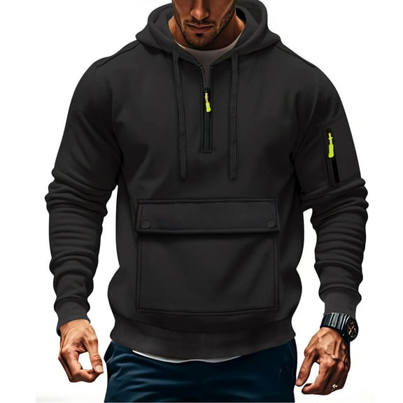 YUGYXL Men's Fleece Workout Athletic Pullover Hoodie Long Sleeve Basic Quarter Zip Pullover Sweatshirt with Kanga Pocket Black L