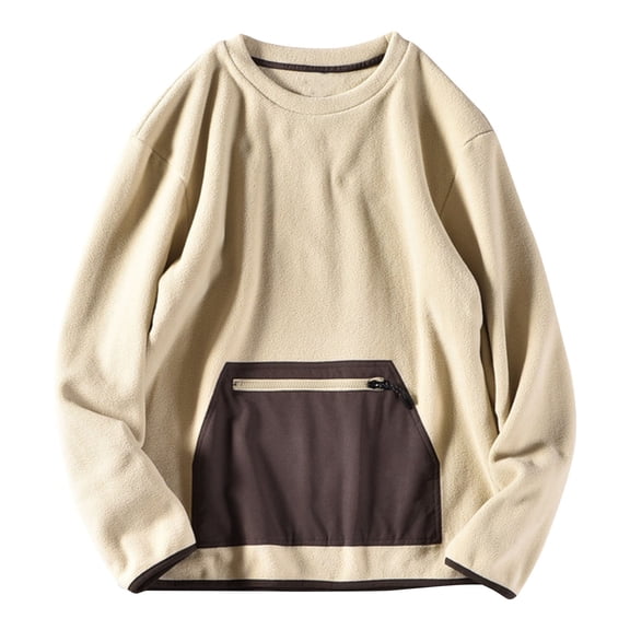 YUGYXL Men's Fuzzy Fleece Pullover Sweatshirt Thick Warm Winter Casual Long Sleeve Soft Thermal Tops with Pocket Khaki XL