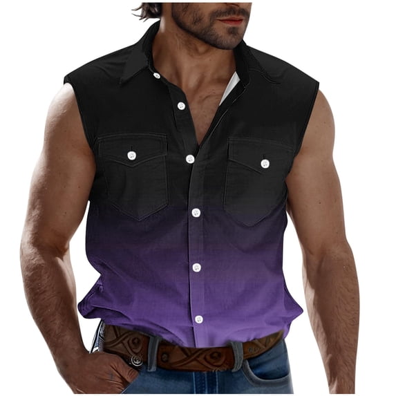 YUGYXL Men's Gradient Button Down Tank Top Sleeveless Casual Workout T Shirt Collared Beach Vacation Blouse with Chest Pocket Purple M
