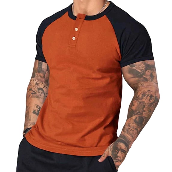 YUGYXL Men's Henley Shirt Fall Crewneck Color Block Slim Fit Long Sleeve T Shirts Button Up Tees Orange S