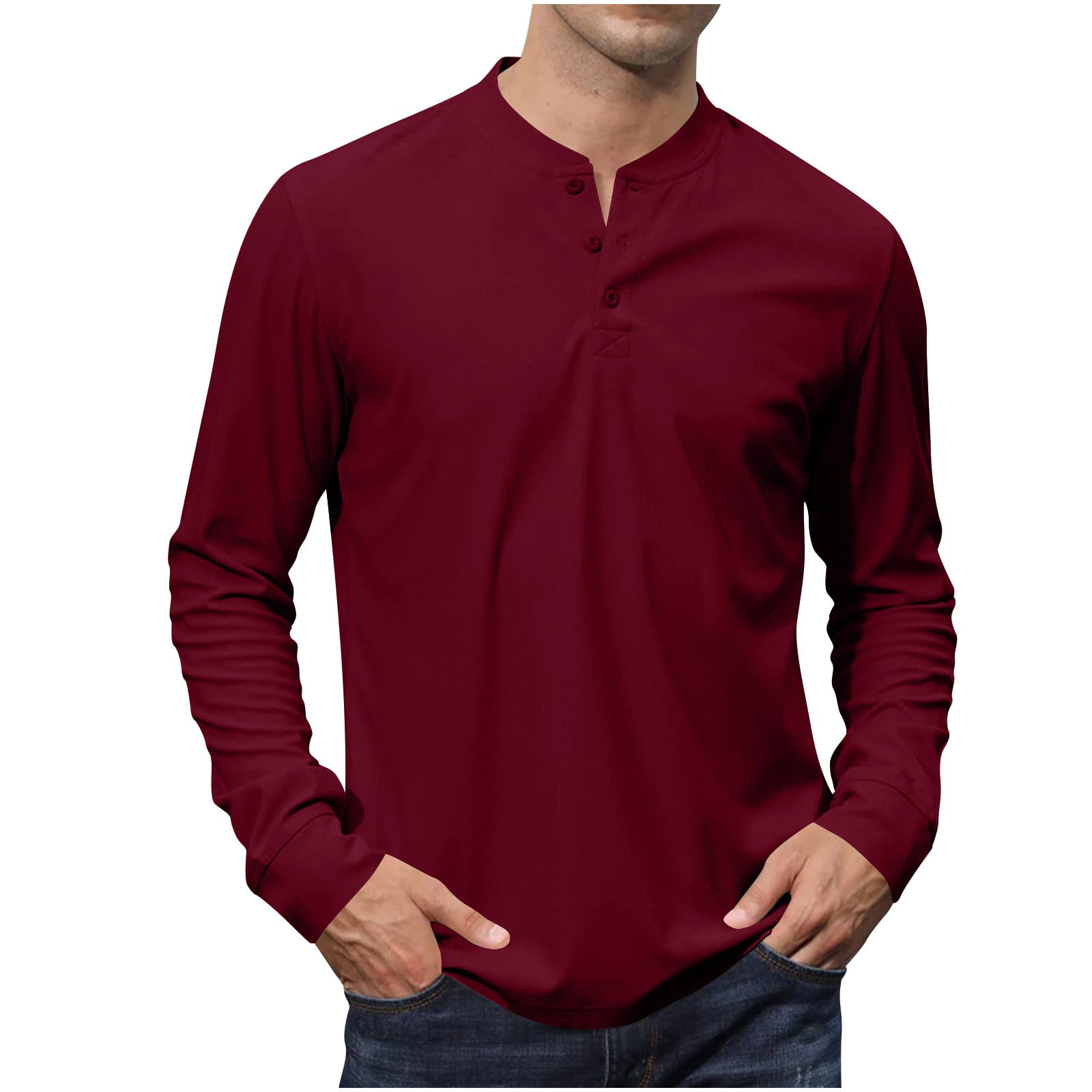 YUGYXL Men's Henley T-Shirts Long Sleeve Pullover Shirt Casual Heavyweight Button Shirts Basic Tees Wine M