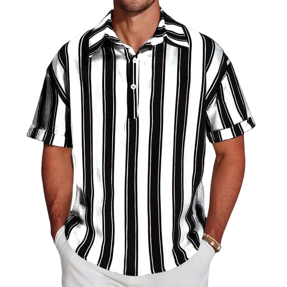 YUGYXL Men's Knit Shirts Short Sleeve Button Down Shirt Striped Casual Summer Beach Shirts Black XL