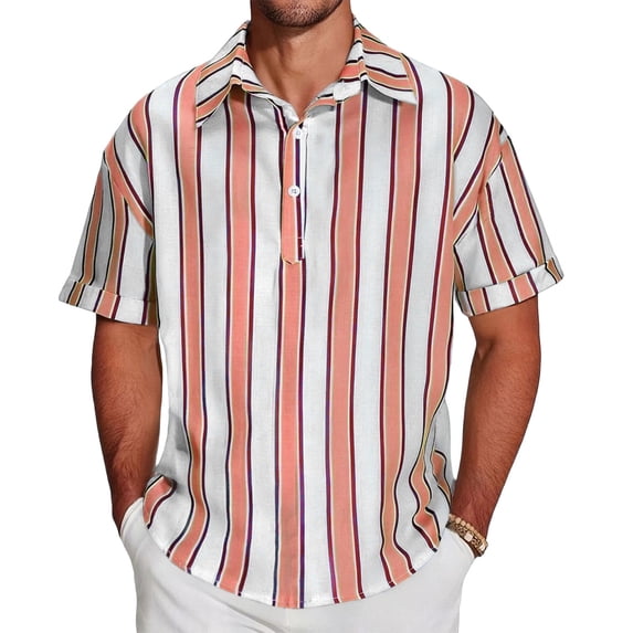 YUGYXL Men's Knit Shirts Short Sleeve Button Down Shirt Striped Casual Summer Beach Shirts Pink XL