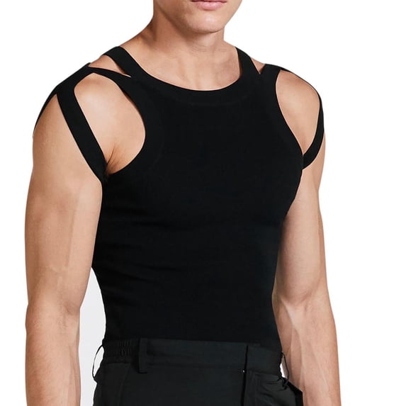 YUGYXL Men's Knit Sleeveless Tank Tops Cut Out Asymmetrical Strappy Clubwear Shirts Vests Black S