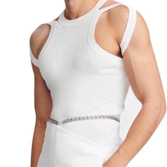 YUGYXL Men's Knit Sleeveless Tank Tops Cut Out Asymmetrical Strappy Clubwear Shirts Vests White M